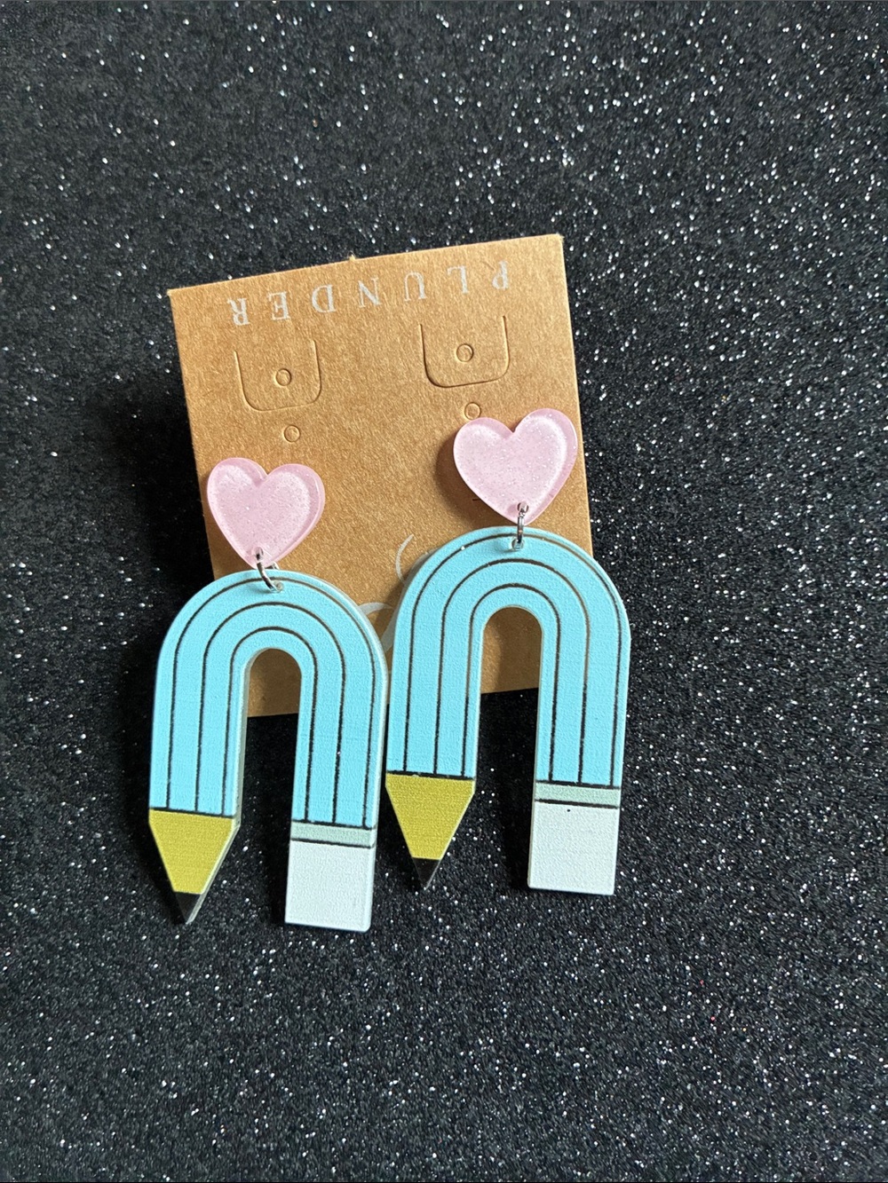 Plunder Blue Pencil Rainbow Earrings with Pink Heart Tops